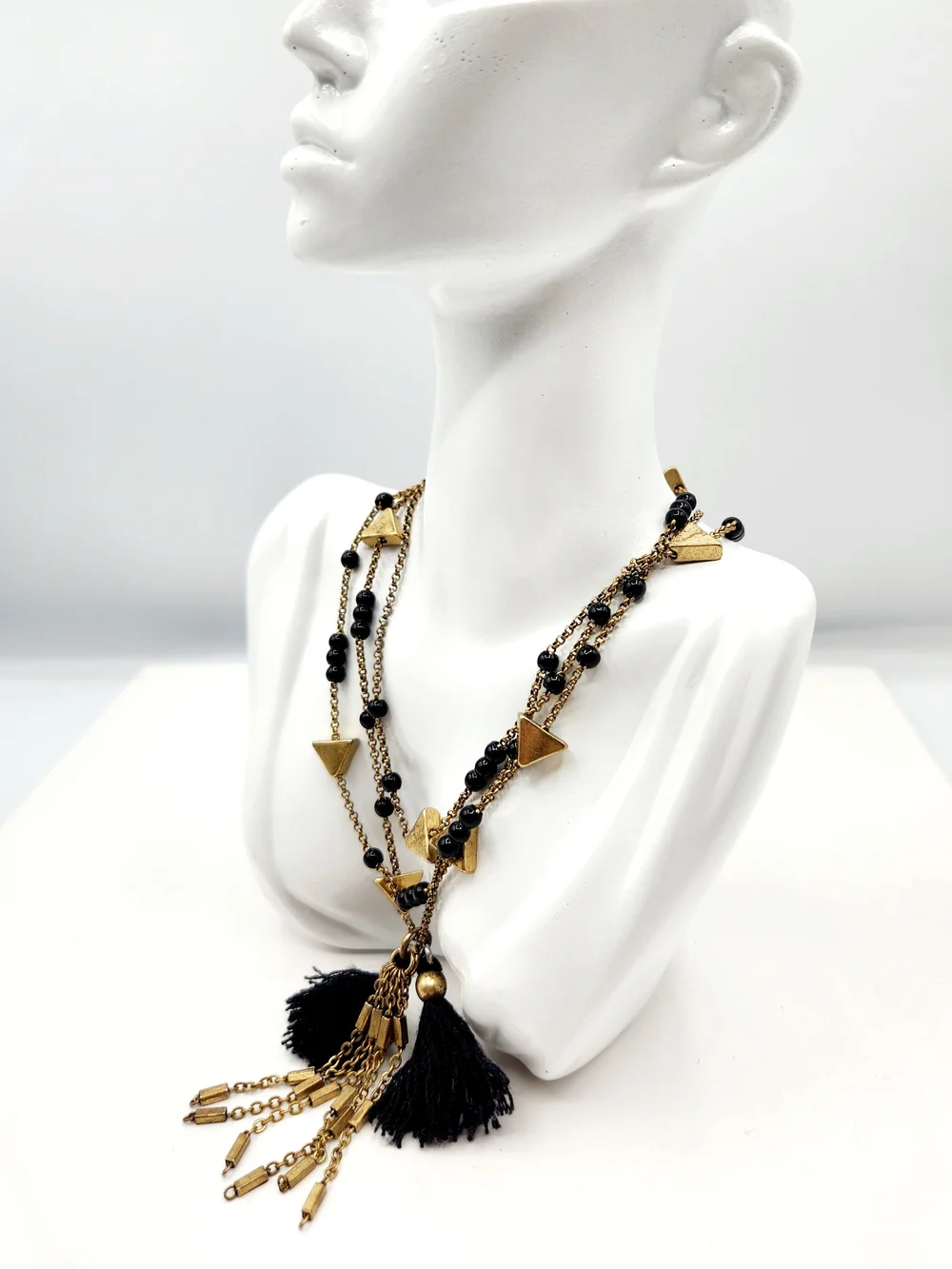 “J.Crew Black Beaded Tassel Necklace Gold Tone Triangle Stations Boho Long 32”